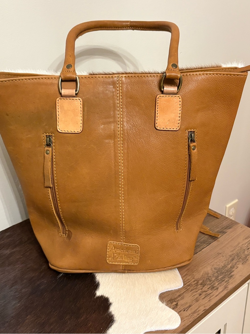 Handcrafted Brown & White Fringe Tote with Turquoise Accent - Picture 3 of 5